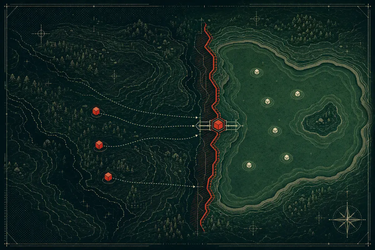 Topographic map showing fresh package markers stopped at an orange quarantine boundary while established packages sit in a safe basin